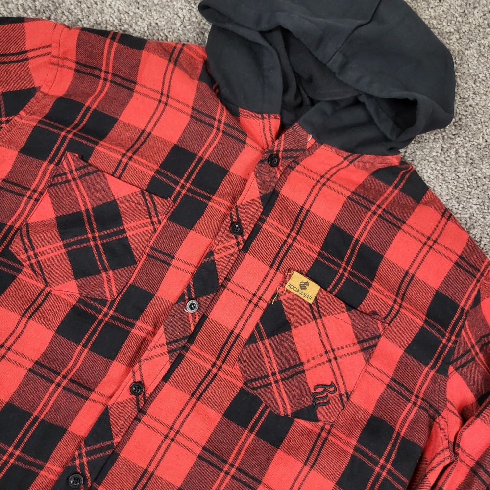 Rocawear Hooded Flannel Shirt Men XL Red Black Excellent Buffalo Plaid Button Up